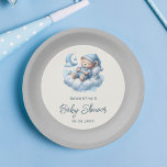 Assiettes En Carton Ours dormant sur nuage gris et bleu baby shower ga<br><div class="desc">Célébrez l'arrivée de votre petit avec cette charmante plaque en papier qui met en vedette un bébé d'aquarelle dormant tranquillement sur un nuage. La jolie illustration est encastrée dans un cadre circulaire, entourée d'un fond gris clair serein. Parfait pour ajouter une touche de fantaisie à votre fête de baby shower...</div>