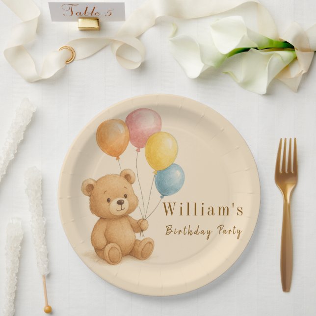 Assiettes En Carton Ours en peluche avec ballons pastel Plaque en papi (Mariage)