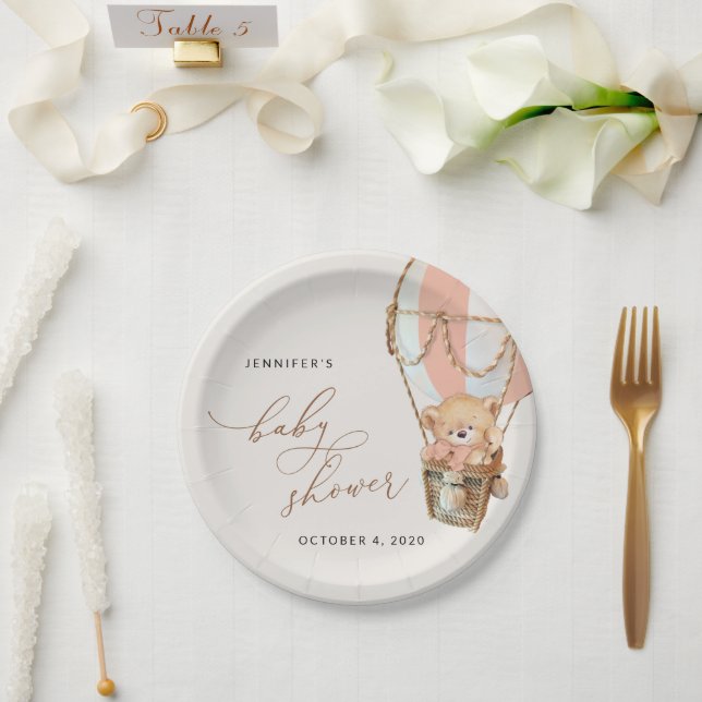 Assiettes En Carton Ours en peluche, ballon à air chaud rose, Baby Sho (Mariage)