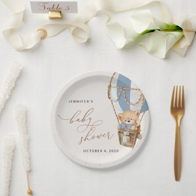 Assiettes En Carton Ours en peluche, Bleu à air chaud, Baby shower (Mariage)