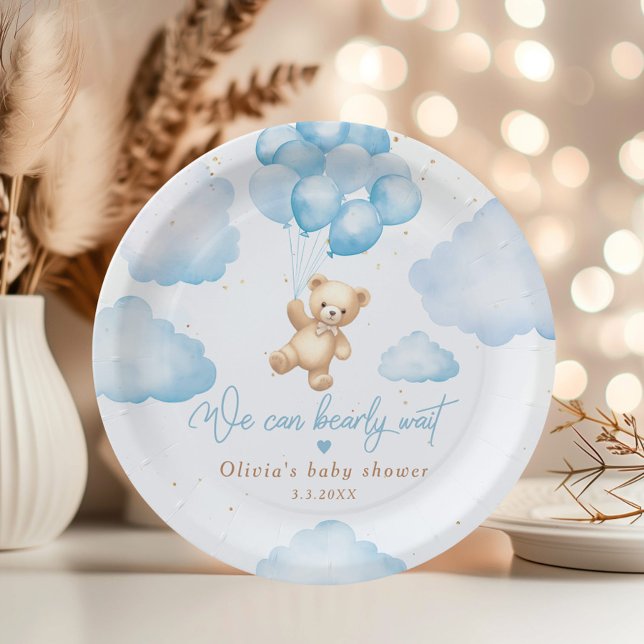 Assiettes En Carton Ours en peluche bleu avec baby shower de ballons (Créateur téléchargé)