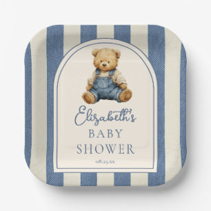 Assiettes En Carton Ours en peluche en denim pour Baby Shower Bleu Jea