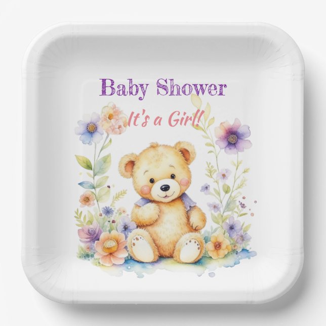 Assiettes En Carton Ours en peluche en fleurs Baby shower de fille (Recto)