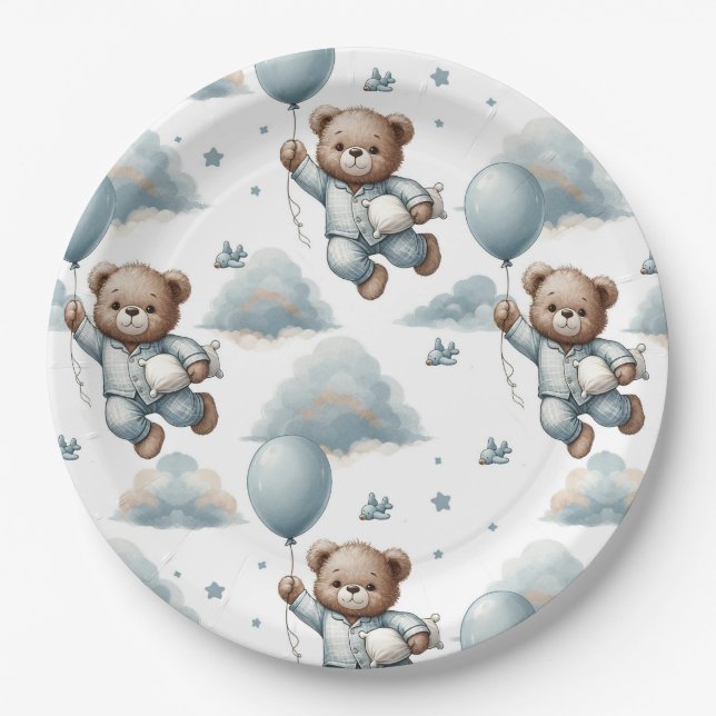 Assiettes En Carton Ours en peluche en pyjama bleu (Devant)