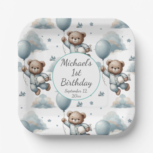 Assiettes En Carton Ours en peluche en pyjama bleu Anniversaire (Recto)