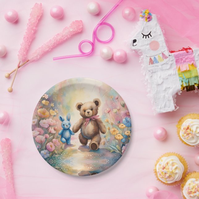 Assiettes En Carton Ours en peluche et lapin dans un jardin pastel (Fête)