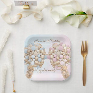 Assiettes En Carton Ours en peluche Mignon Rose et Bleu Baby Reveal