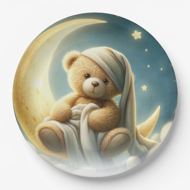 Assiettes En Carton Ours en peluche sur lune Lumière des étoiles Baby  (Devant)
