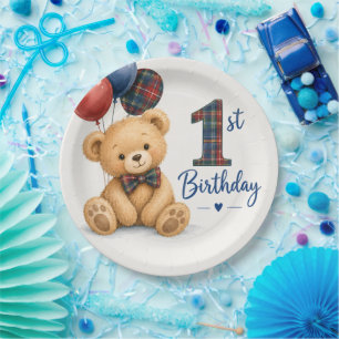 Assiettes En Carton Ours en peluche tartan aquarelle 1er anniversaire