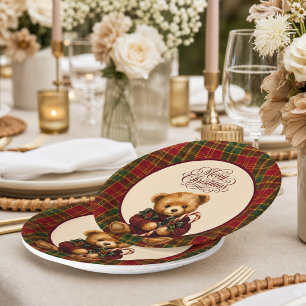 Assiettes En Carton Ours en peluche Tartan Plaid Noël Fêtes