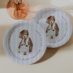 Assiettes En Carton Ours en peluche vintage bleu rayé