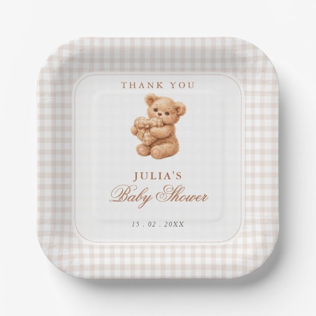 Assiettes En Carton Ours en Teddy Gingham Brun Neutre Papier pour Baby (Recto)