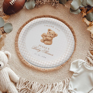 Assiettes En Carton Ours en Teddy Gingham Marron Neutre Papier Baby Sh