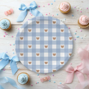 Assiettes En Carton Ours en Vichy Bleu - À peine attendre bébé garçon