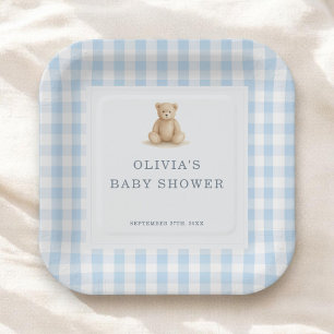 Assiettes En Carton Ours en Vichy Bleu Garçon Baby Shower Fête