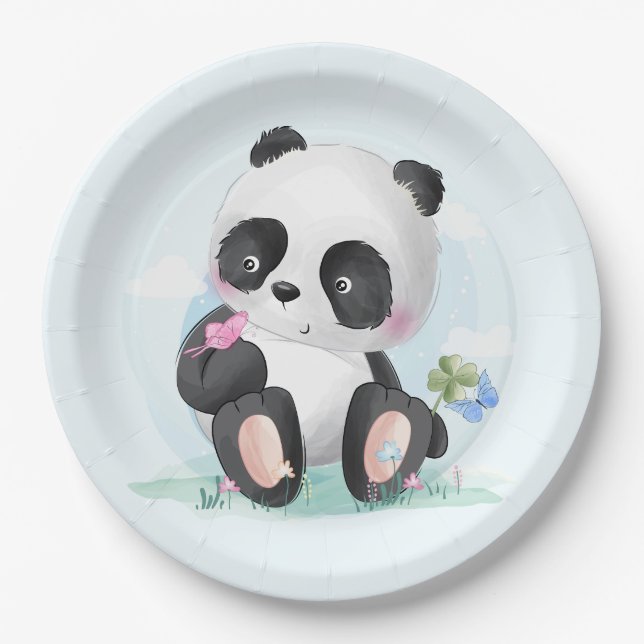 Assiettes En Carton Ours Panda Aquarelle avec papillons (Devant)