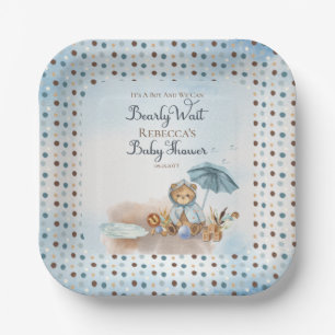 Assiettes En Carton Ours   Parapluie bleu Bearly Wait Boy Baby shower 