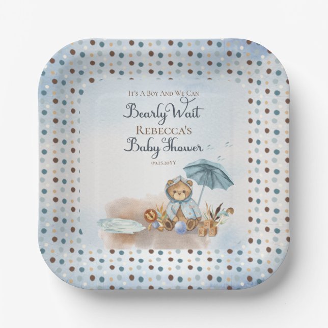 Assiettes En Carton Ours | Parapluie bleu Bearly Wait Boy Baby shower  (Recto)