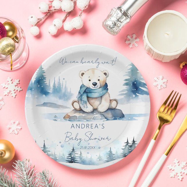 Assiettes En Carton Ours polaire baby shower d'hiver arctique modèle (Polar bear arctic winter baby shower tableware personalized template paper plates)
