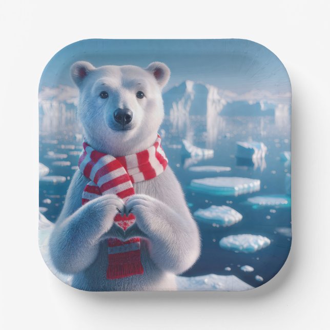 Assiettes En Carton Ours polaire de Noël au coeur (Recto)