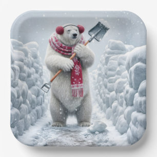 Assiettes En Carton Ours polaire de Noël enlevant la neige
