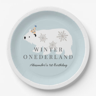 Assiettes En Carton Ours polaire Hiver Onederland Bleu Anniversaire
