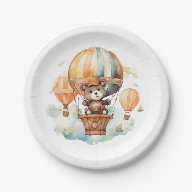 Assiettes En Carton Ours rustique mignon avec Ballons Aquarelle Bois (Devant)