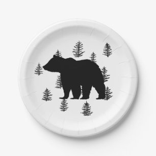 Assiettes En Carton Ours Silhouette Arbres Wilderness Mountain