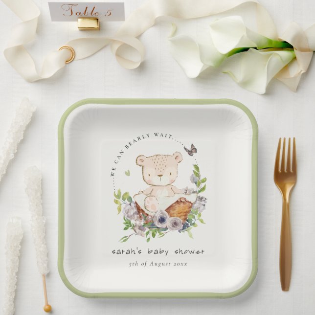 Assiettes En Carton Ours Teddy Mignonne Dans Panier Fleur Baby shower  (Mariage)