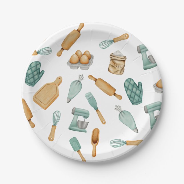 Assiettes En Carton Outils de cuisson de boulangerie verte motif (Devant)