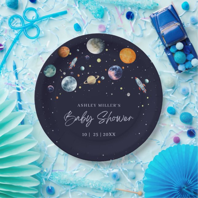 Assiettes En Carton Over The Moon Boy Baby Shower Party Space Galaxy (Fête)
