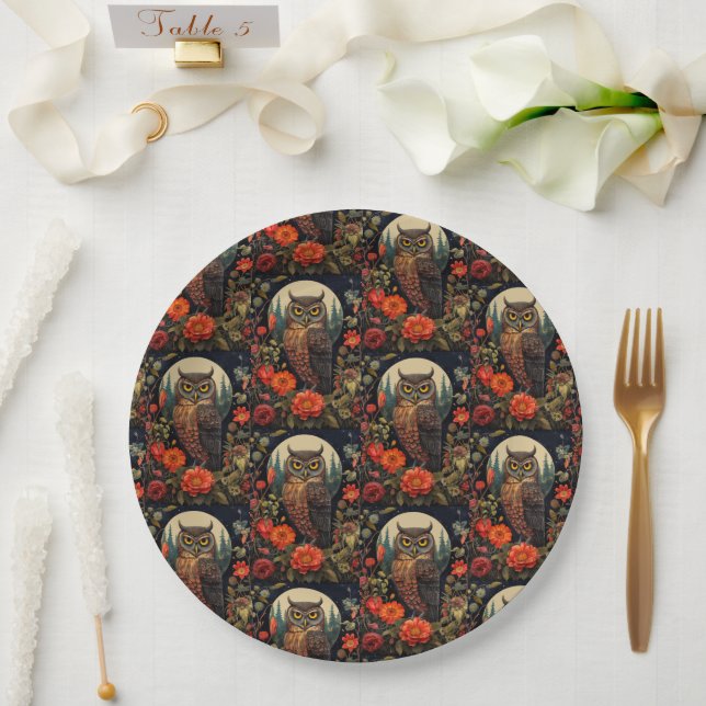 Assiettes En Carton Owl at Night with a Full Moon Pattern (Mariage)