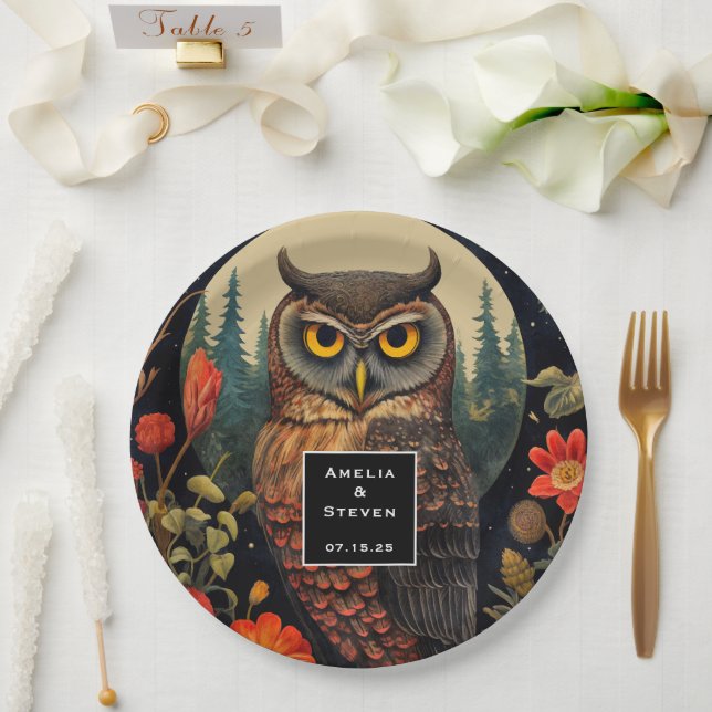 Assiettes En Carton Owl at Night with a Full Moon Pattern Wedding (Mariage)