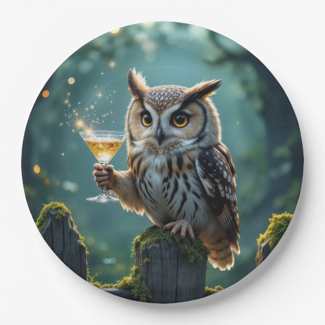 Assiettes En Carton Owl Holding a Cocktail In a Mystical Forest (Devant)
