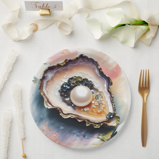 Assiettes En Carton Oyster Pearl Shellfish Art (Mariage)