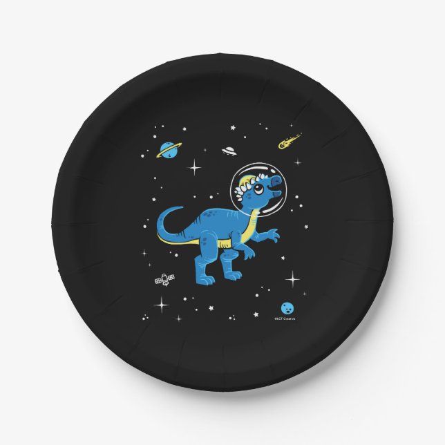 Assiettes En Carton Pachycéphalosaurus Bleu Et Jaune Dinos Dans L'Espa (Devant)
