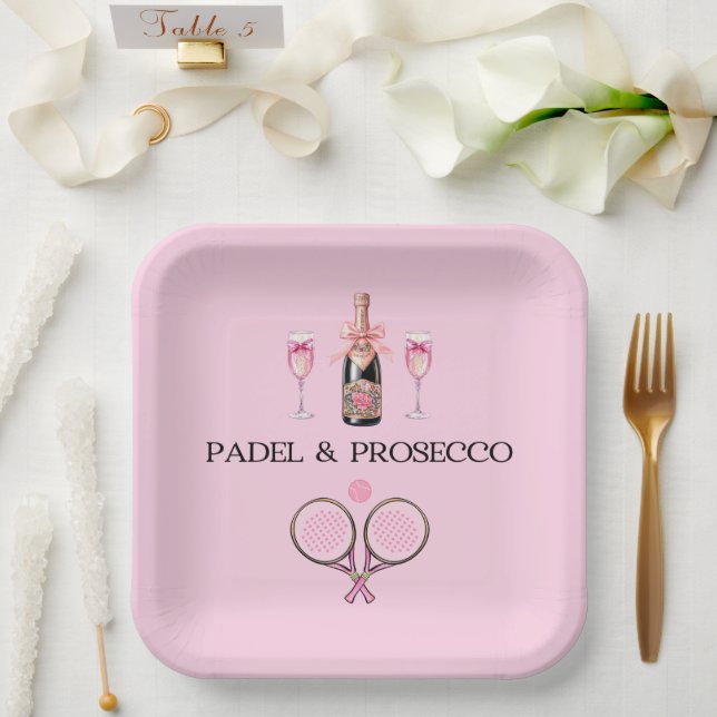 ASSIETTES EN CARTON PADEL PLATE: PADEL & PROSECCO CLASSIC PINK/BLACK (Mariage)