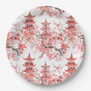 Assiettes En Carton Pagode asiatique vintage Fleurs roses Art Scénique