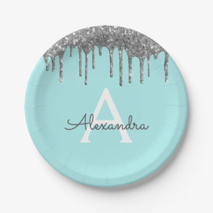 Assiettes En Carton Pailleté Bleu Sarcelle Monogramme Anniversaire