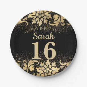 Assiettes En Carton Pailleté élégant noir or pour 16ème anniversaire