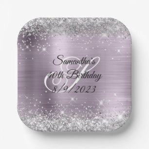 Assiettes En Carton Paillettes Argent Lavande Feuille 40e Anniversaire
