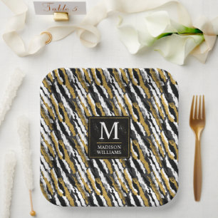 Assiettes En Carton Paillettes noires et or motif animal zèbre blanc