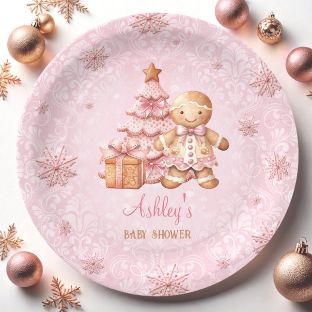 Assiettes En Carton Pain d'épices Homme Fille Baby shower de Noël rose (Gingerbread Man Girl Pink Christmas Baby Shower Paper Plates)