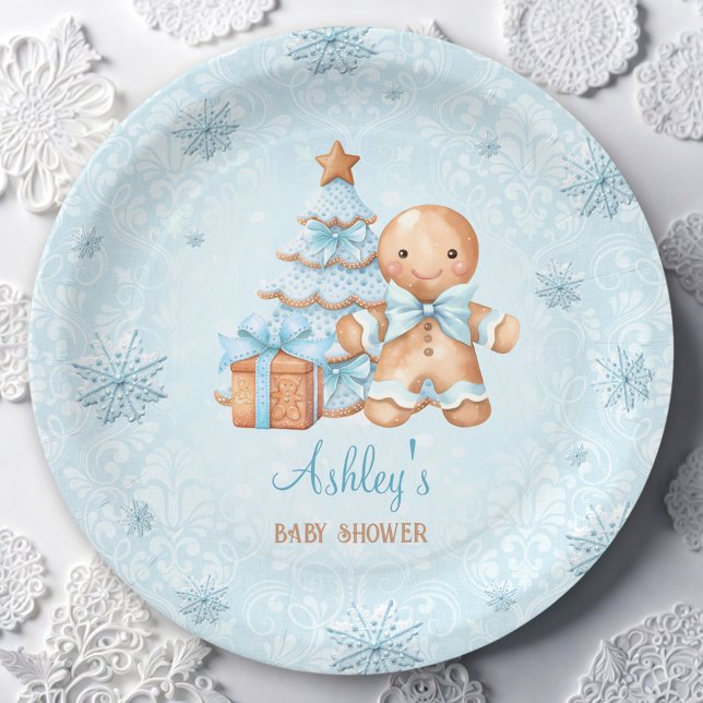 Assiettes En Carton Pain d'épices Homme garçon Baby shower de Noël ble (Gingerbread Man Boy Blue Christmas Baby Shower Paper Plates)