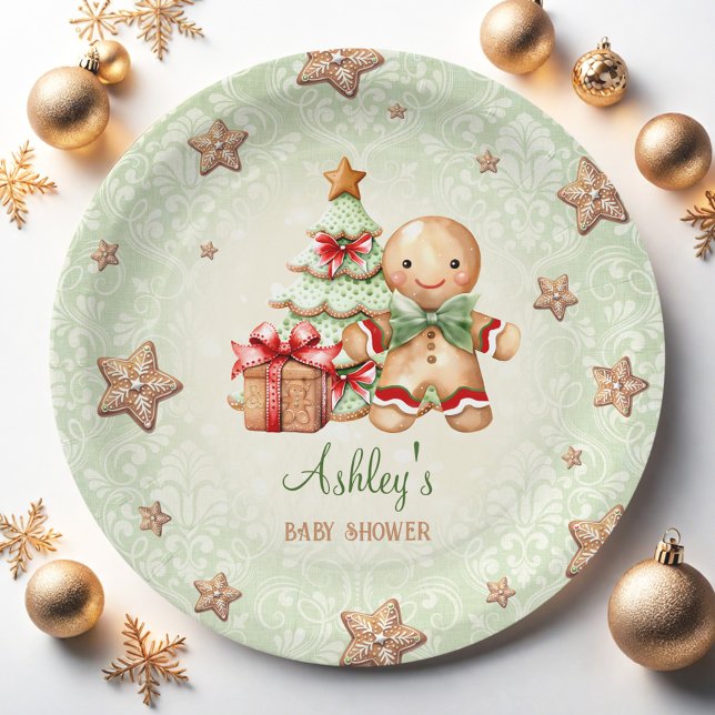 Assiettes En Carton Pain d'épices Homme Vert Rouge Baby shower de Noël (Gingerbread Man Green Red Christmas Baby Shower Paper Plates)