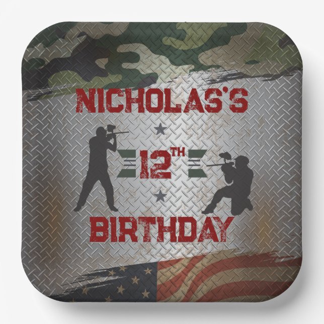 Assiettes En Carton Paintball Anniversaire Partie Camo militaire USA (Recto)
