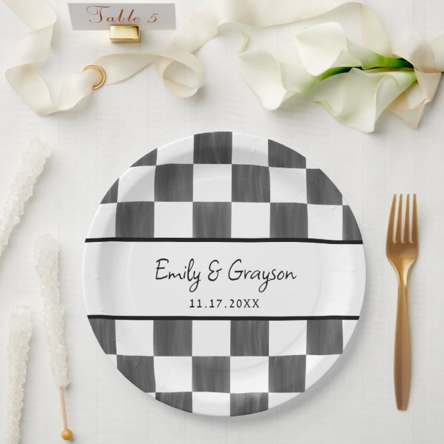 Assiettes En Carton Painted Black Checkerboard Pattern Wedding (Mariage)