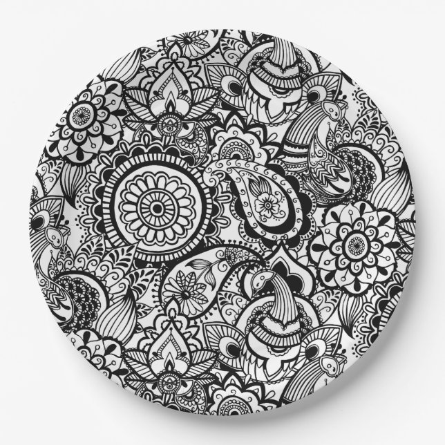 Assiettes En Carton Paisley floral noir (Devant)
