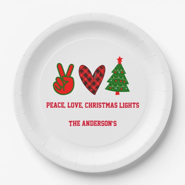 Assiettes En Carton Paix personnalisée Amour de Noël Lumières Vert Rou (Devant)