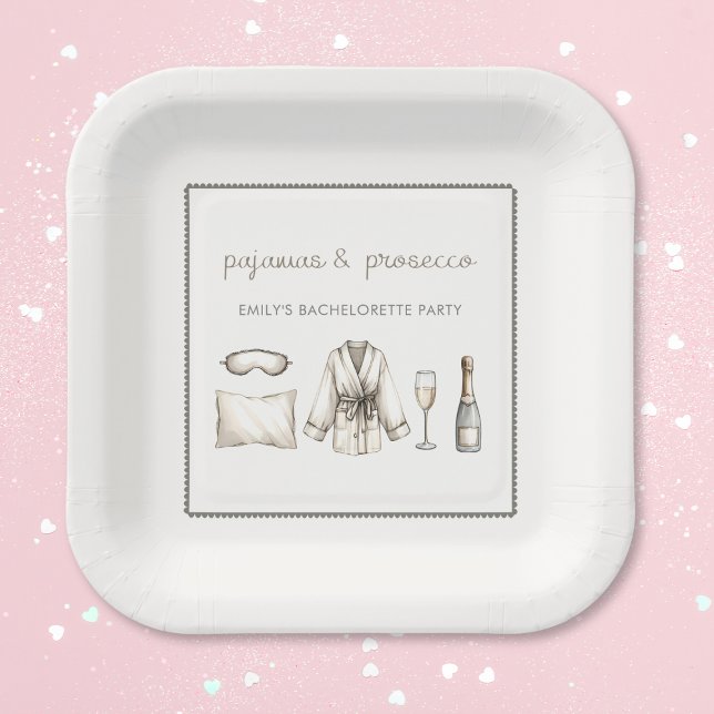 Assiettes En Carton Pajamas & Procuco Fête de Bachelorette personnalis (Get cozy with our Pajamas & Prosecco bachelorette party plates! Perfect for a fun and chic soirée.)